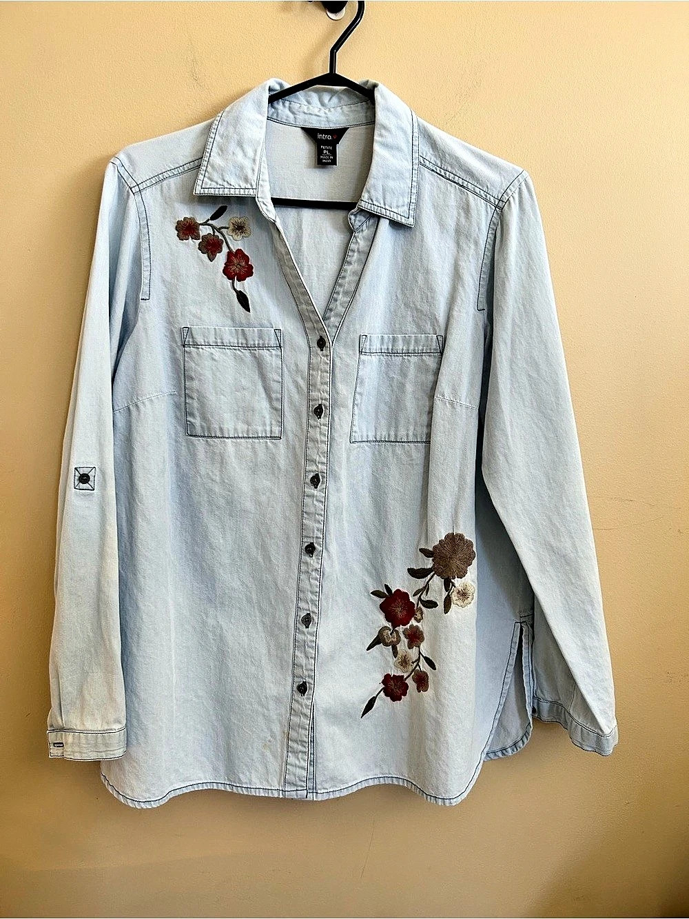 intro Embroidered Cotton light Denim Shirt Blue Petite Large